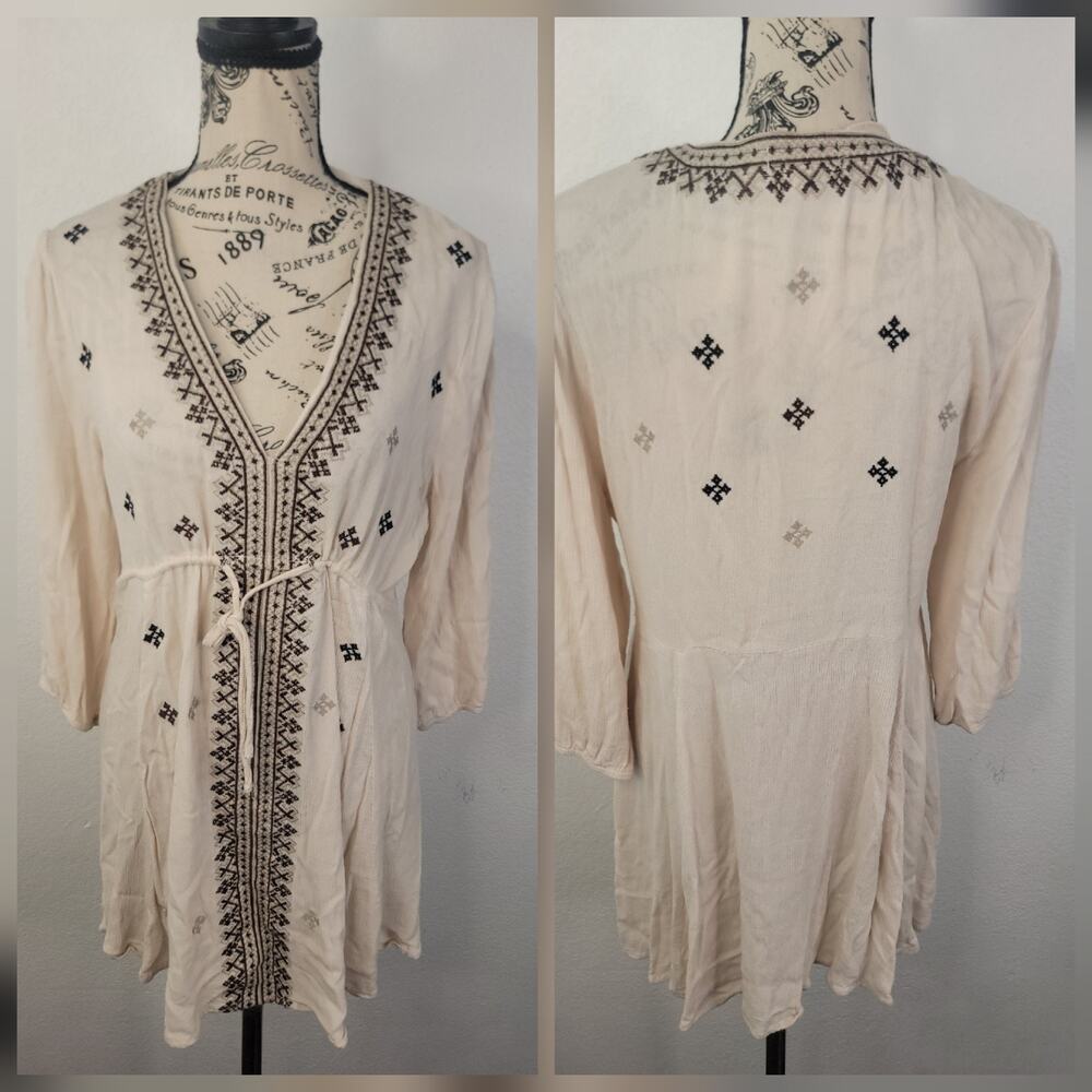 Umgee Mini Dress Womens Sz S Boho Peasant Emboidered Drawstring Sand